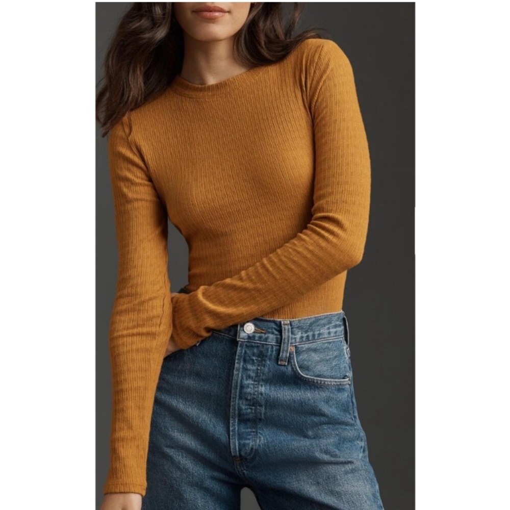 NWOT Anthropologie Pilcro Mustard Pointelle Ribbed Long Sleeve Tee, small